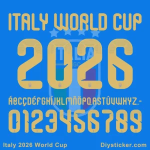 Official Italy 2026 World Cup font preview showing team name, year, full alphabet, and numbers for design projects.