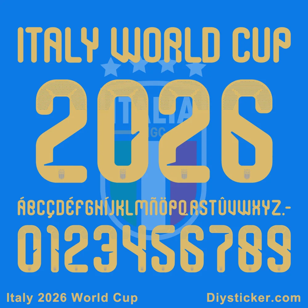 Official Italy 2026 World Cup font preview showing team name, year, full alphabet, and numbers for design projects.