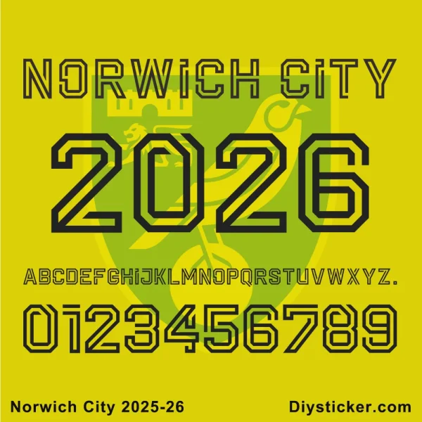 Norwich City 2025-2026 Official Font Preview Official Norwich City 2025-2026 font preview showing club name, season year, full alphabet, and numbers for design projects.