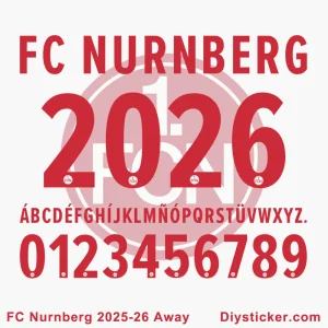Official FC Nurnberg 2025-2026 Away kit font preview showing club name, stylized year, full alphabet, and numbers.