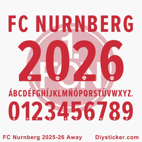 Nurnberg 2025-26 Away Font Official FC Nurnberg 2025-2026 Away kit font preview showing club name, stylized year, full alphabet, and numbers.