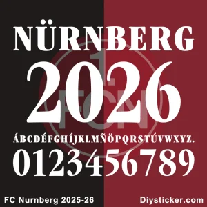 Official FC Nurnberg 2025-2026 font preview showing club name, season year, full alphabet, and numbers for design projects.