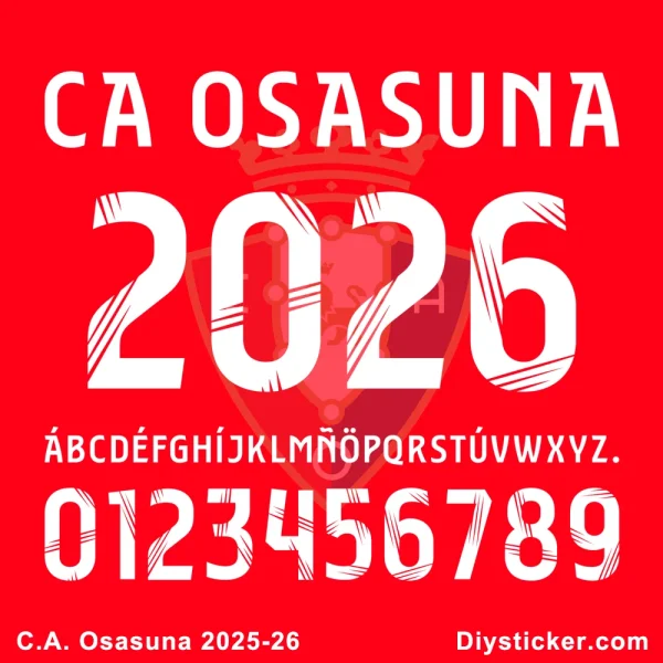 CA Osasuna 2025-2026 Official Font Preview Official CA Osasuna 2025-2026 font preview showing club name, season year, full alphabet, and distinctive numerals.