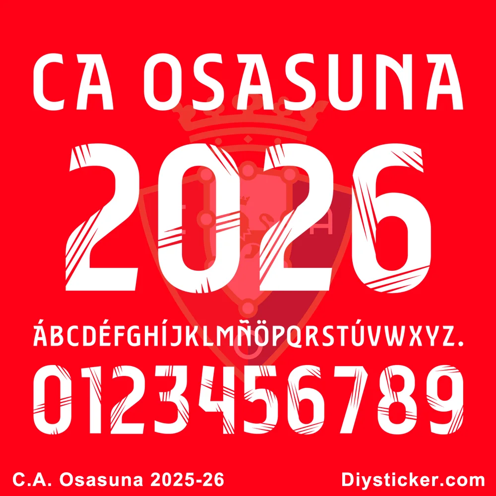 Official CA Osasuna 2025-2026 font preview showing club name, season year, full alphabet, and distinctive numerals.