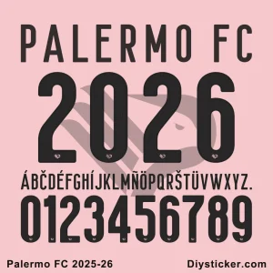 Official Palermo FC 2025-2026 font preview showing club name, unique number design, full alphabet, and numerals.