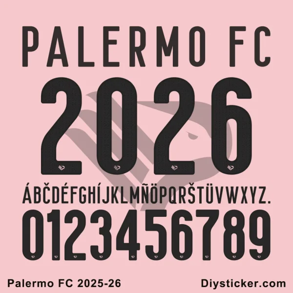 Palermo fc 2025-26 Font Official Palermo FC 2025-2026 font preview showing club name, unique number design, full alphabet, and numerals.