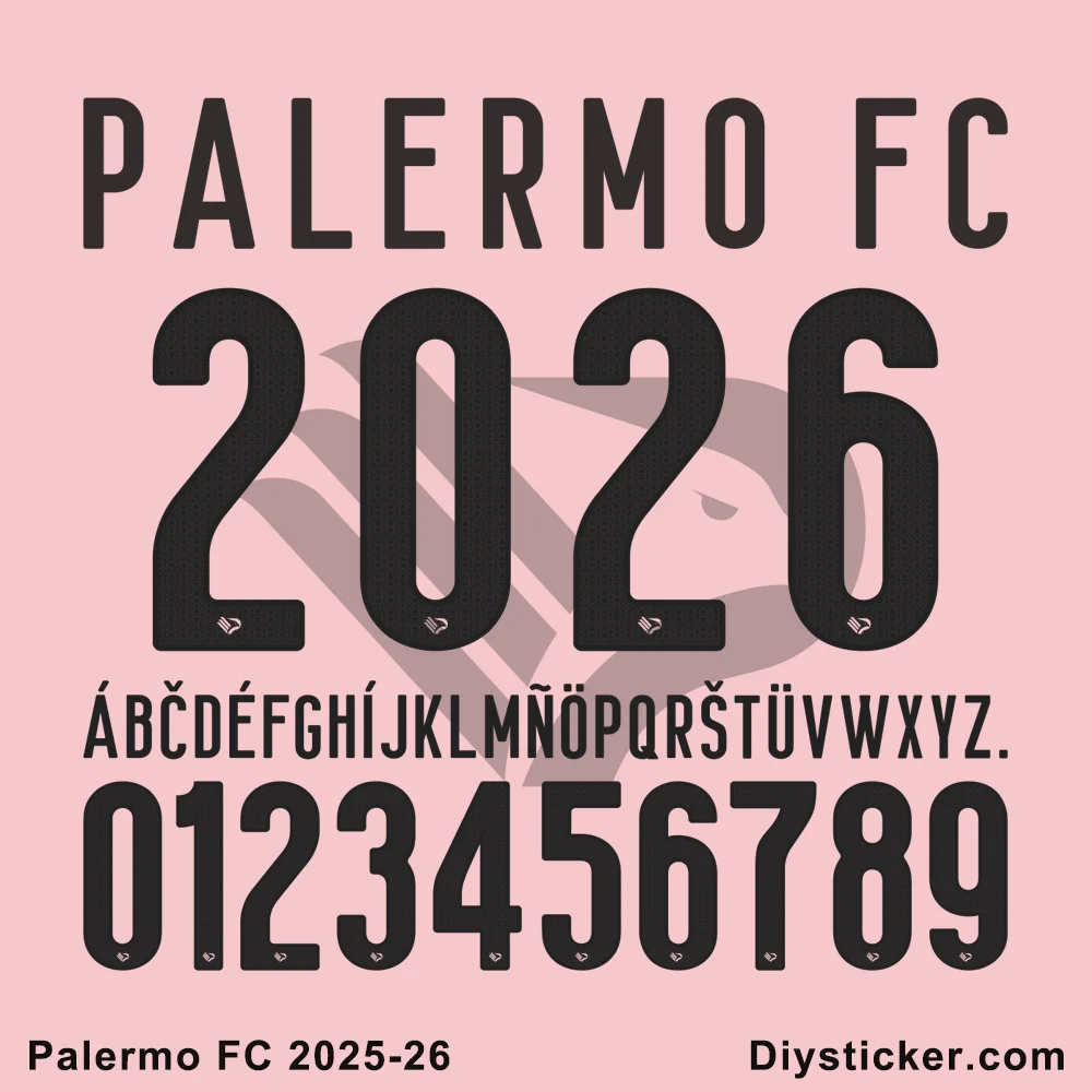 Official Palermo FC 2025-2026 font preview showing club name, unique number design, full alphabet, and numerals.