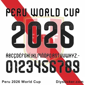 Official Peru 2026 World Cup font preview showing team name, year, full alphabet, and numbers for design projects.