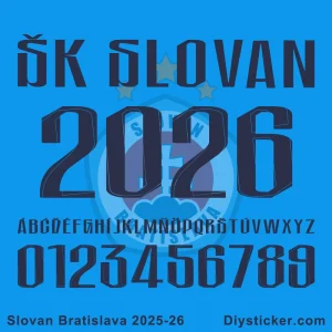 Official SK Slovan Bratislava 2025-2026 font preview showing club name, year, full alphabet, and numbers.
