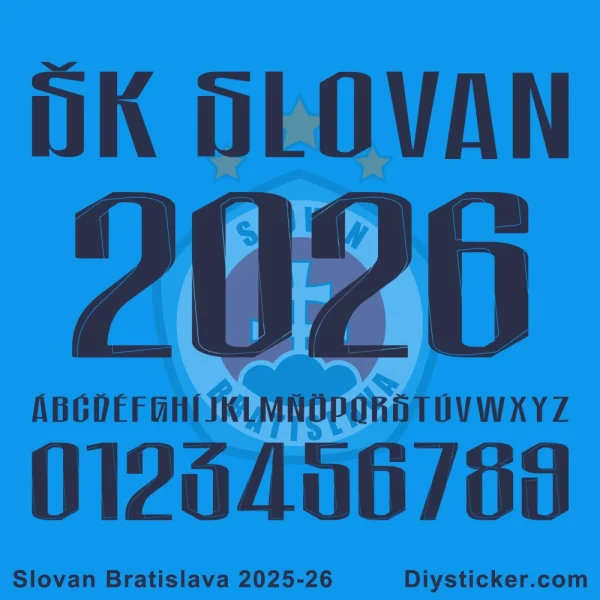 SK Slovan Bratislava 2025-26 Font Official SK Slovan Bratislava 2025-2026 font preview showing club name, year, full alphabet, and numbers.