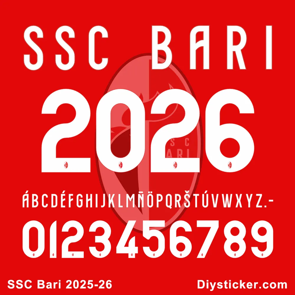 Official SSC Bari 2025-2026 font preview showing club name, season year, full alphabet, and numbers.