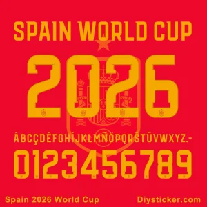 Official Spain 2026 World Cup font preview showing team name, unique design elements "NLTRA", full alphabet and numbers.