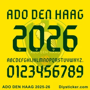ADO Den Haag 2025-2026 Official Font Preview Official ADO Den Haag 2025-2026 font preview with club name, season year, full alphabet, and numbers.