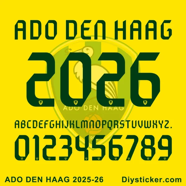 ADO Den Haag 2025-2026 Official Font Preview Official ADO Den Haag 2025-2026 font preview with club name, season year, full alphabet, and numbers.
