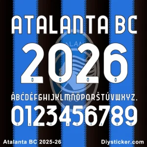Atalanta BC 2025-2026 Official Font Preview Official Atalanta BC 2025-2026 font preview showing club name "ATALANTABC", season year, full alphabet, and numbers.