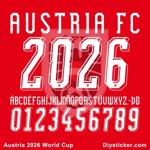 Exclusive first-look preview of the official Austria 2026 World Cup jersey font, showing stylized "AUSTRIA FC" text and unique characters.