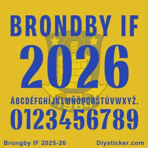 Brøndby IF 2025-2026 Official Font Preview Official Brøndby IF 2025-2026 font preview with club name, season year, accented alphabet (É), and numbers.