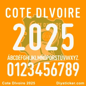 Official-style Cote d'Ivoire 2025 national team font preview with country name, full alphabet, and numbers.