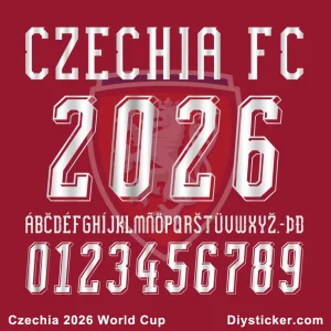 Official Czechia 2026 World Cup jersey font preview showing team name, year, full alphabet, and numbers.