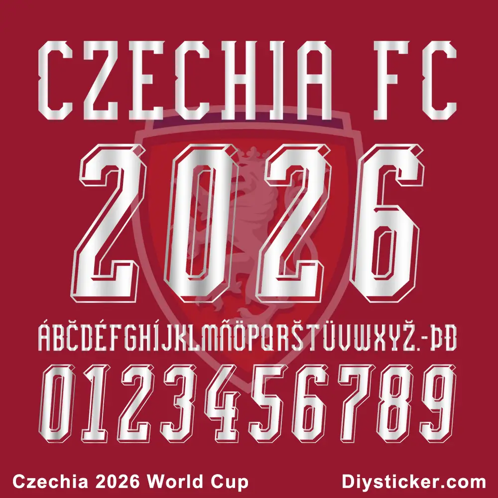 Official Czechia 2026 World Cup jersey font preview showing team name, year, full alphabet, and numbers.