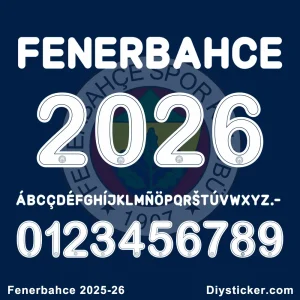 Official Fenerbahce 2025-2026 font preview showing club name, season year, full alphabet, and numbers for design projects.