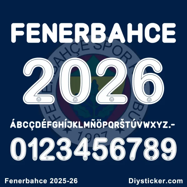 Fenerbahce 2025-2026 Official Font Preview Official Fenerbahce 2025-2026 font preview showing club name, season year, full alphabet, and numbers for design projects.