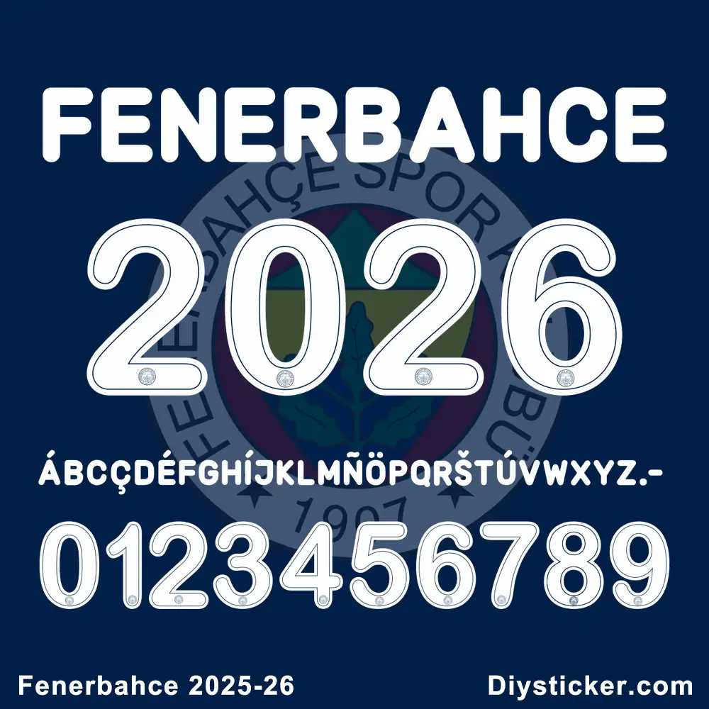Official Fenerbahce 2025-2026 font preview showing club name, season year, full alphabet, and numbers for design projects.