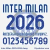 Inter Milan 2025-2026 Away Kit Font Preview Official-style Inter Milan 2025-2026 Away kit font preview with split alphabet layout “INTER MILAN” and unique character design.