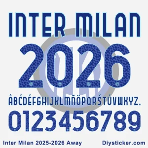 Inter Milan 2025-2026 Away Kit Font Preview Official-style Inter Milan 2025-2026 Away kit font preview with split alphabet layout “INTER MILAN” and unique character design.