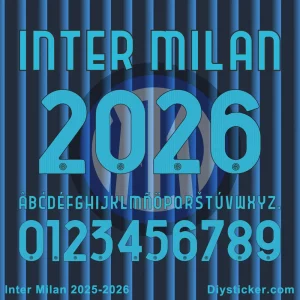 Inter Milan 2025-26 Font Downloads Official-style Inter Milan 2025-2026 font preview showing “INTER MILAN”, unique “2026” graphic, full alphabet, and numbers.