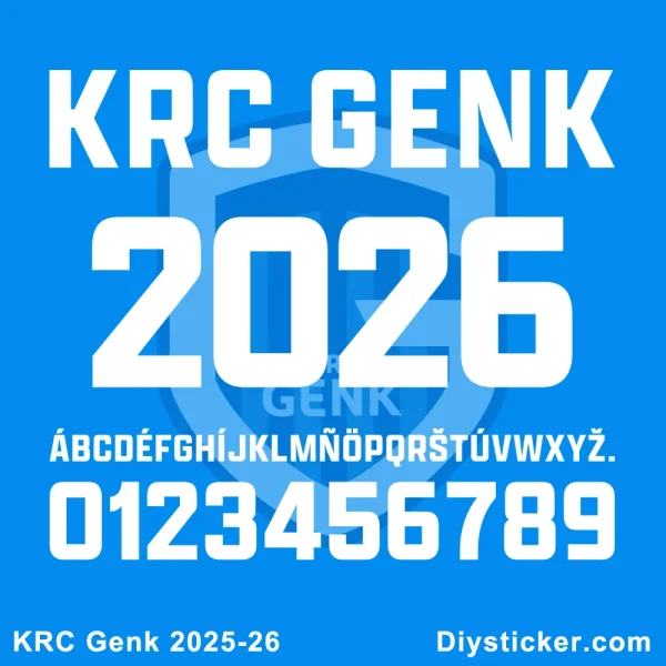 KRC Genk 2025-26 Font KRC Genk 2025-26 kit font preview featuring white alphabet and numbers on a blue background.