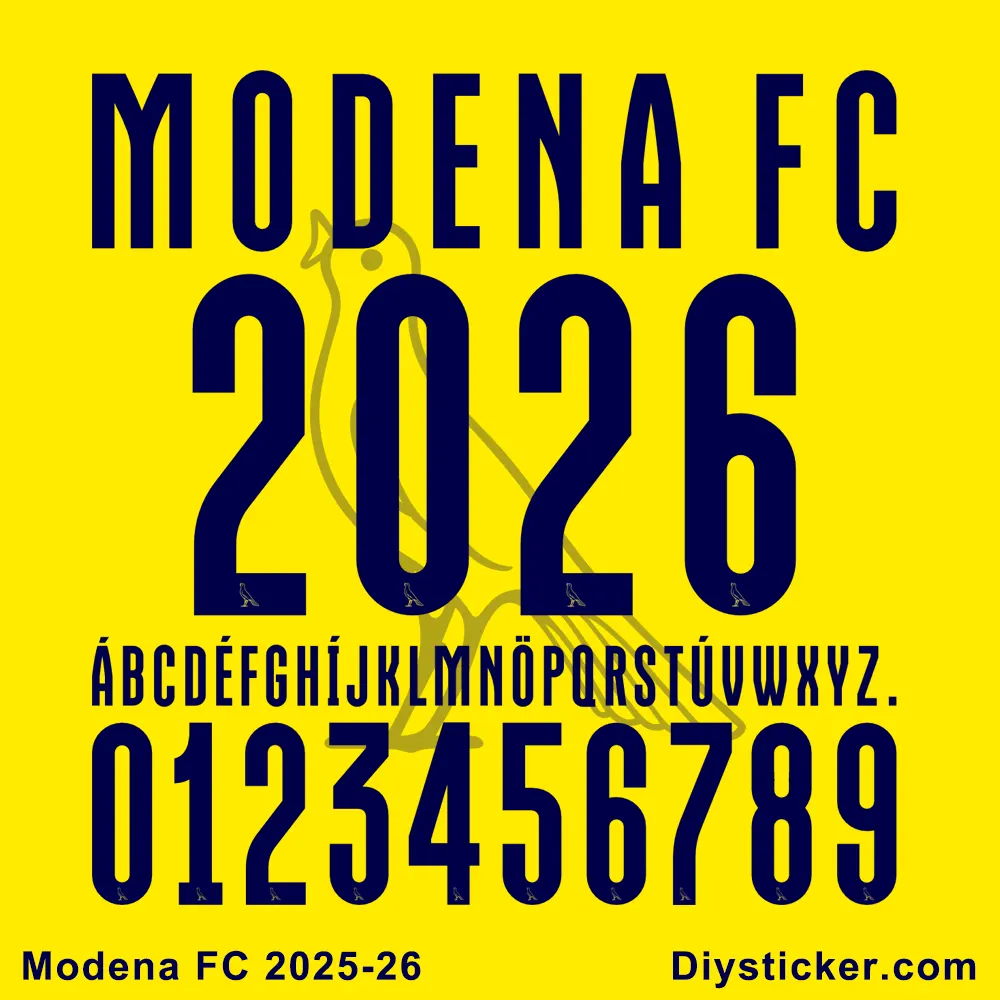 Official Modena FC 2025-2026 font preview showing club name, season year, full alphabet, and numbers for design projects.
