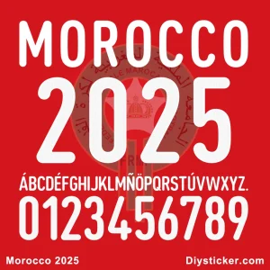 Morocco 2025 National Team Font Preview Official-style Morocco 2025 national team font preview showing country name, unique “2.025” year design, full alphabet, and numbers