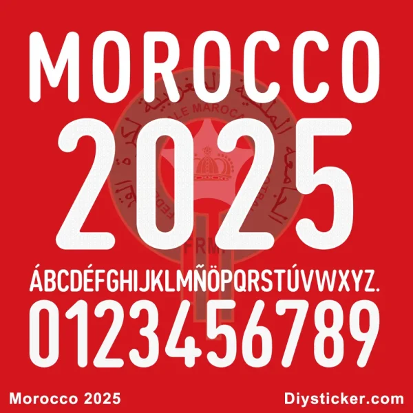 Morocco 2025 National Team Font Preview Official-style Morocco 2025 national team font preview showing country name, unique “2.025” year design, full alphabet, and numbers