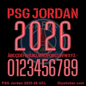 Exclusive PSG x Jordan 2025-2026 UEFA Champions League font preview showing collaboration branding and unique character design.