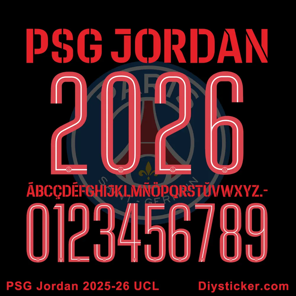 Exclusive PSG x Jordan 2025-2026 UEFA Champions League font preview showing collaboration branding and unique character design.