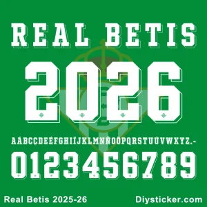Real Betis 2025-26 Font Typography Preview Real Betis 2025-26 font preview showing full alphabet and numbers 0-9 in vector format.
