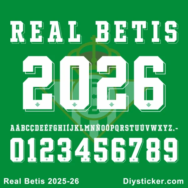 Real Betis 2025-26 Font Typography Preview Real Betis 2025-26 font preview showing full alphabet and numbers 0-9 in vector format.