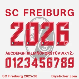 SC Freiburg 2025-2026 Official Font Preview Official SC Freiburg 2025-2026 font preview with club name, stylized “2625” year, full alphabet, and numbers.