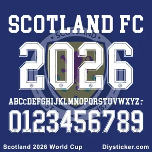 Official Scotland 2026 World Cup font preview showing team name, full alphabet, and numbers for design projects.