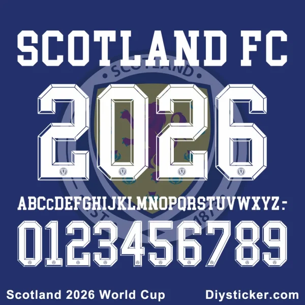 Scotland 2026 World Cup Official Font Preview Official Scotland 2026 World Cup font preview showing team name, full alphabet, and numbers for design projects.