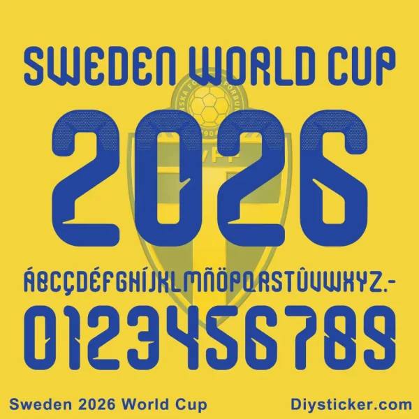 weden 2026 World Cup Font - Complete Character Set Preview Full character set preview of the Sweden 2026 World Cup font showing stylized country name, alphabet, and numbers.