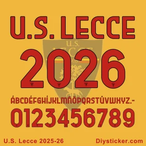 U.S. Lecce 2025-2026 Official Font Preview Official U.S. Lecce 2025-2026 font preview with club abbreviation, season year, full alphabet, and numbers.