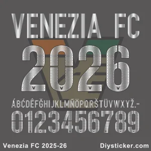 Venezia 2025-26 Font Download Official Venezia FC 2025-2026 font preview with “VENEZIA FC”, accented alphabet (É, Ē, Ń), and stylish numbers.