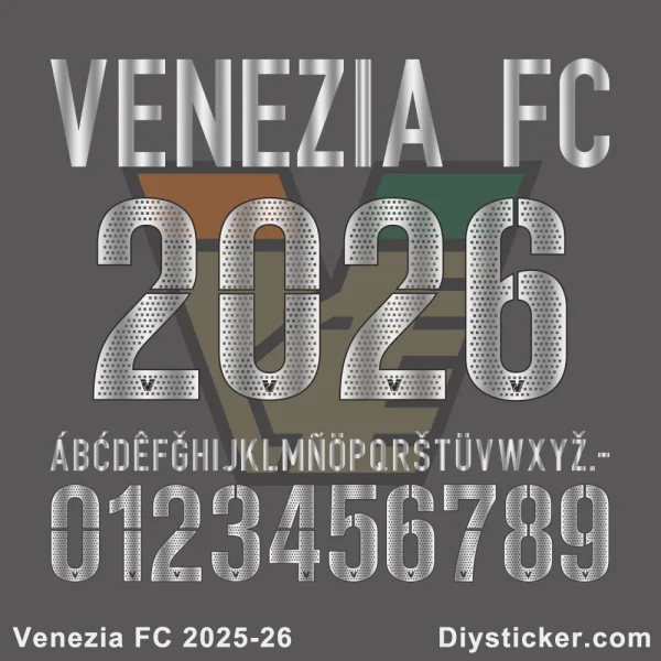 Venezia 2025-26 Font Download Official Venezia FC 2025-2026 font preview with “VENEZIA FC”, accented alphabet (É, Ē, Ń), and stylish numbers.