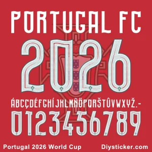 Exclusive first-look preview of the Portugal 2026 World Cup font showing team name, full alphabet, and numbers.