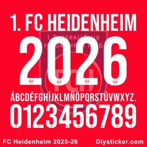 1. FC Heidenheim 2025-2026 Font 1. FC Heidenheim 2025-26 font preview showing alphabet, numbers, and club branding from diysticker.com