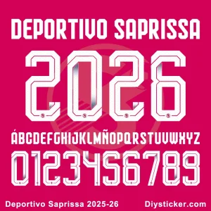 Deportivo Saprissa 2025-26 Font Deportivo Saprissa 2025-26 font preview with full alphabet and numbers from Diysticker.com