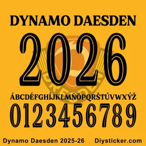 Dynamo Dresden 2025-26 Font Dynamo Dresden 2025-26 font preview showing uppercase, lowercase, numbers, and full typography display.