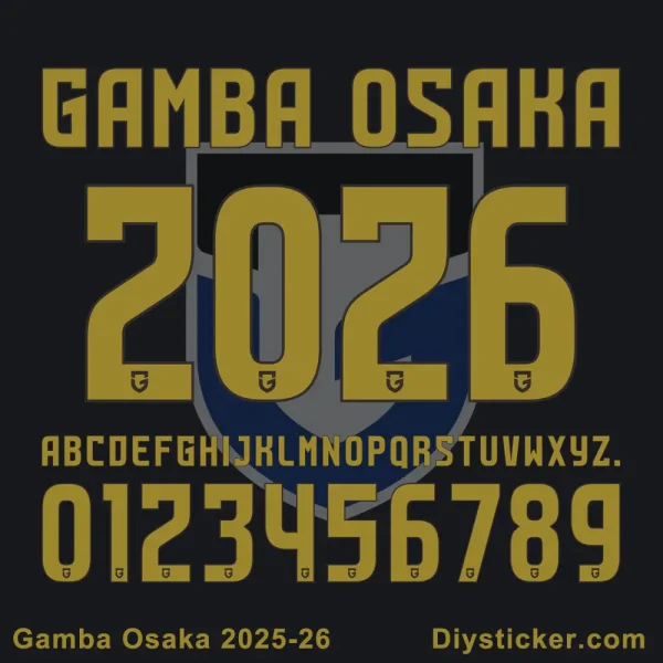 Gamba Osaka 2025-26 Font Gamba Osaka 2025-26 font preview showing full uppercase alphabet and numbers from Diysticker.com